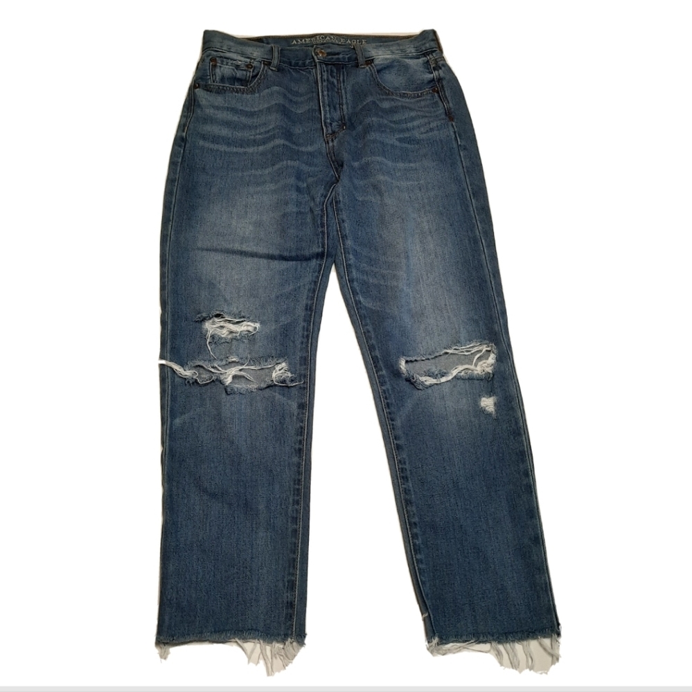 American Eagle High Rise Girlfriend Fit Button Fly Distressed Cropped Jeans